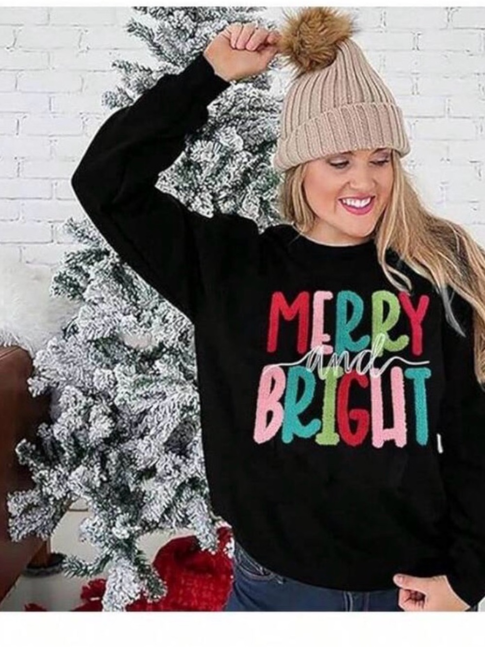 Merry and Bright Black Holiday Sweatshirt chenille Medium